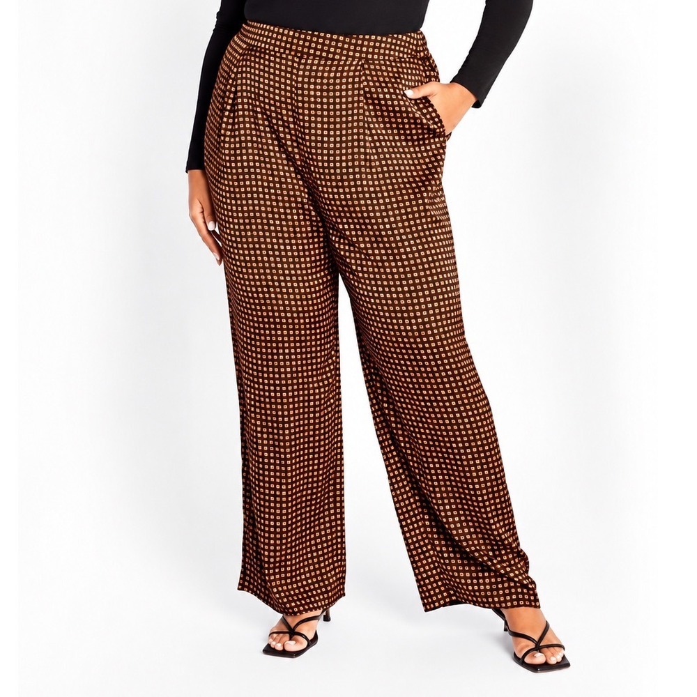 City Chic Mara Pants Black Brown Geometric Diamond Print Wide Leg M UK 18